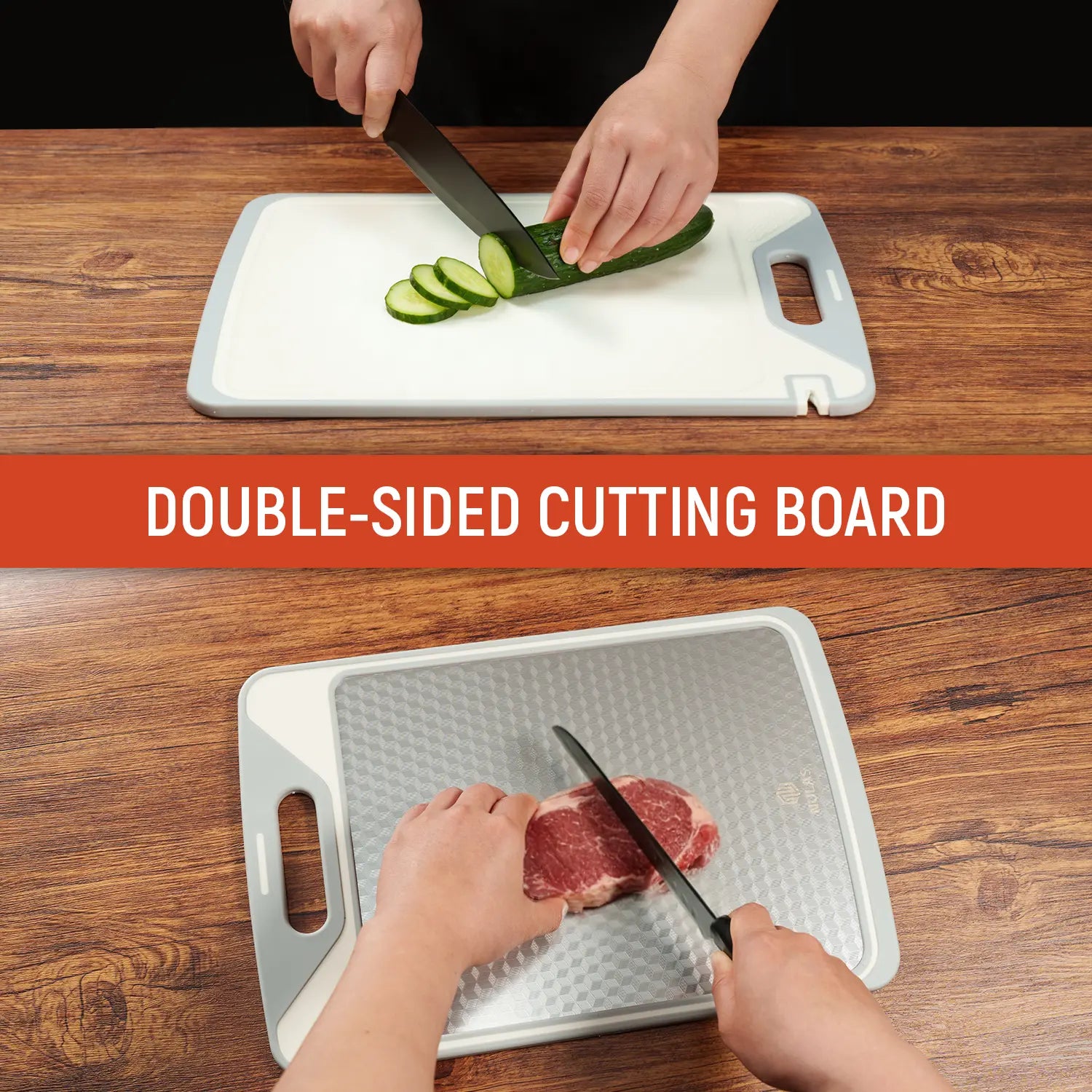 ✨2-in-1 Dual Sided Titanium Cutting Board, Stainless Steel & PP Kitchen Chopping Board