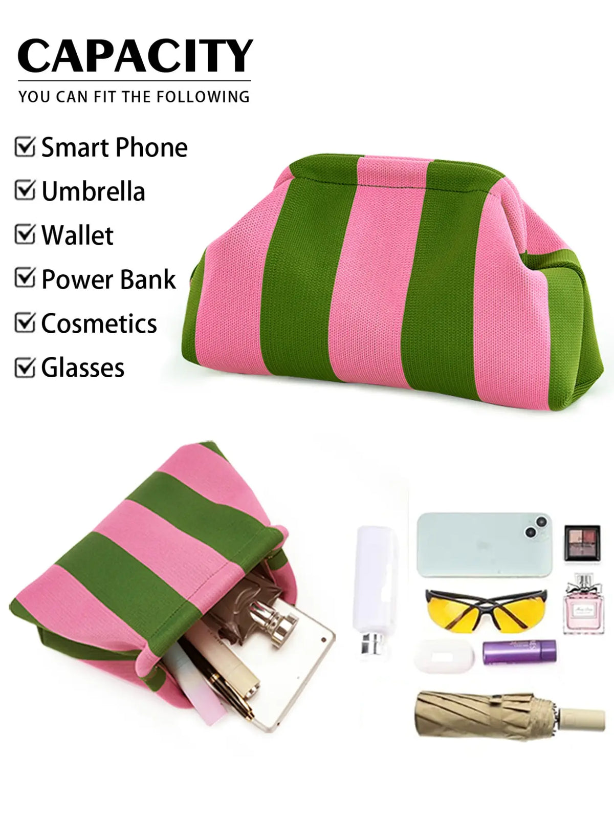 Women's Striped  Cloud Handbag, Clip-Top Crossbody Bag, Lightweight Foldable for Daily Use, Party, Travel, Gift Idea