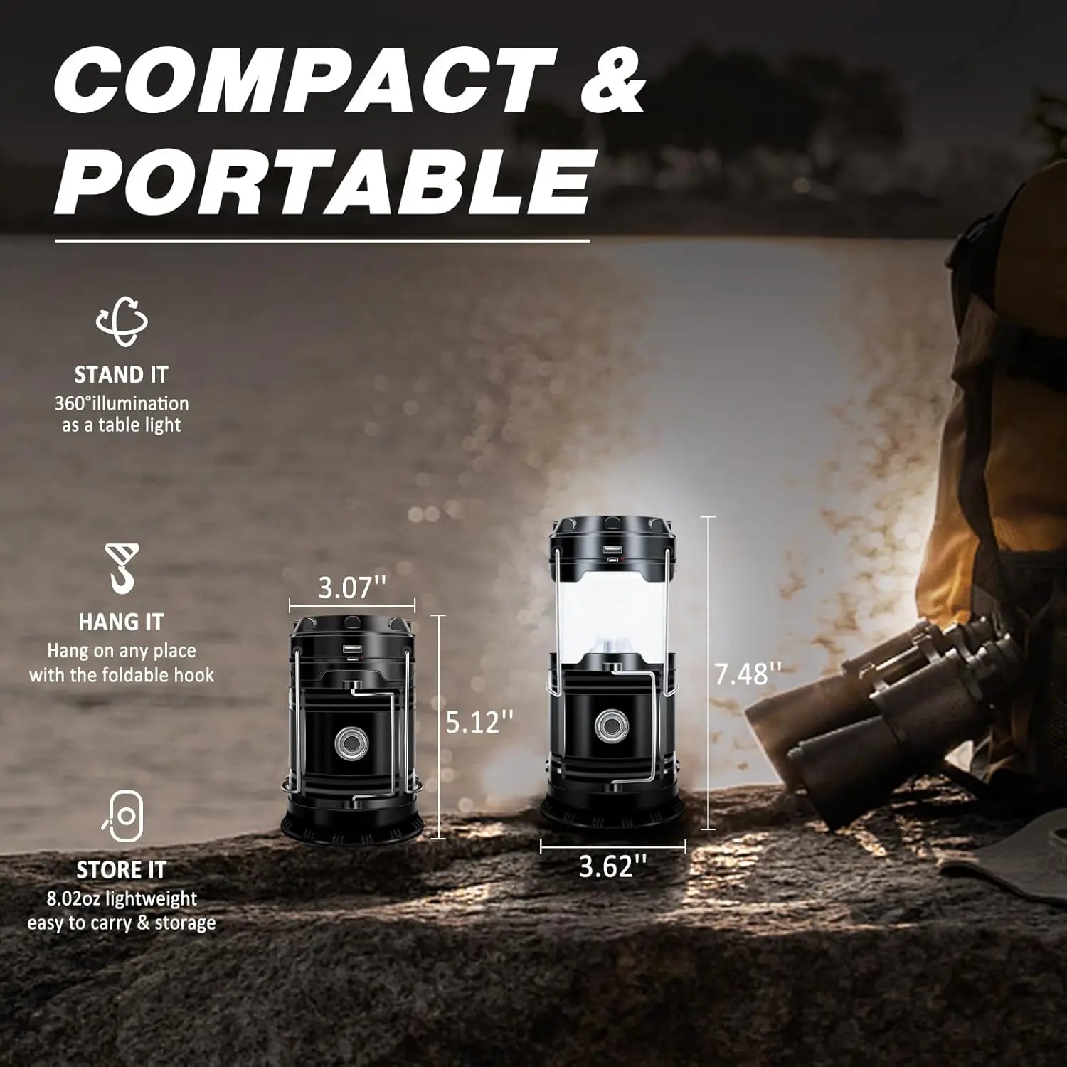 🔦Solar USB Rechargeable Collapsible Camping Lantern Flashlight, Waterproof Emergency Light