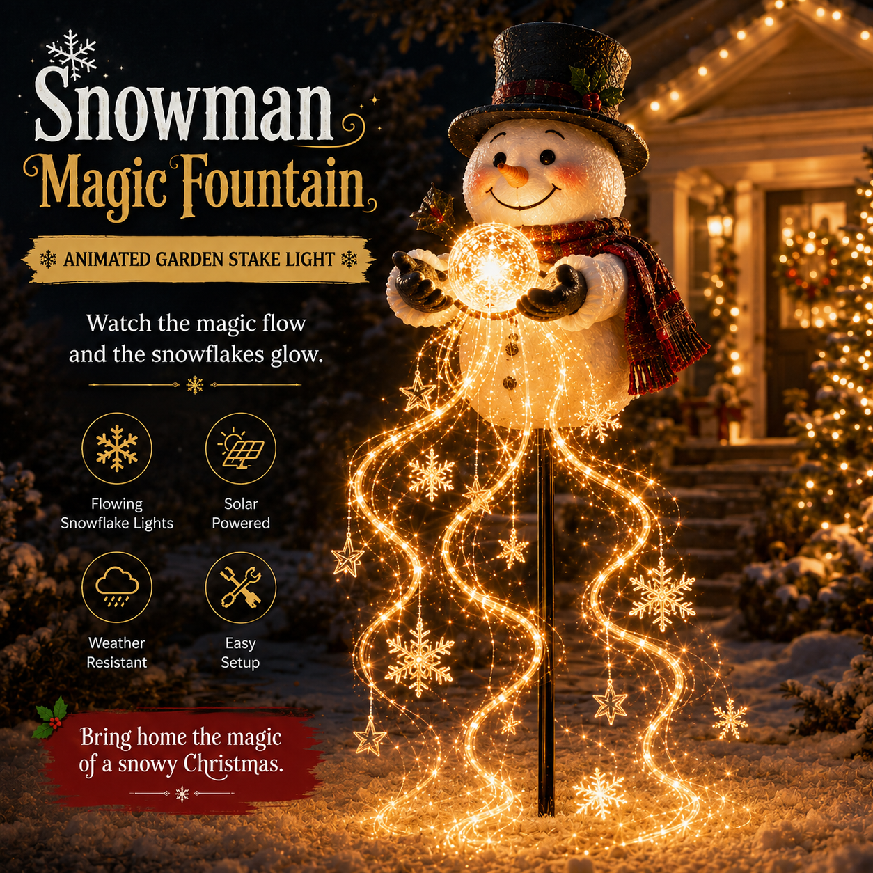⛄❄️Solar Snowman Magic Fountain Light – Flowing Snowflake Christmas Yard Decor