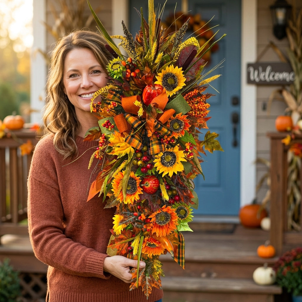 Handcrafted Autumn Harvest Sunflower Teardrop Swag Wreath