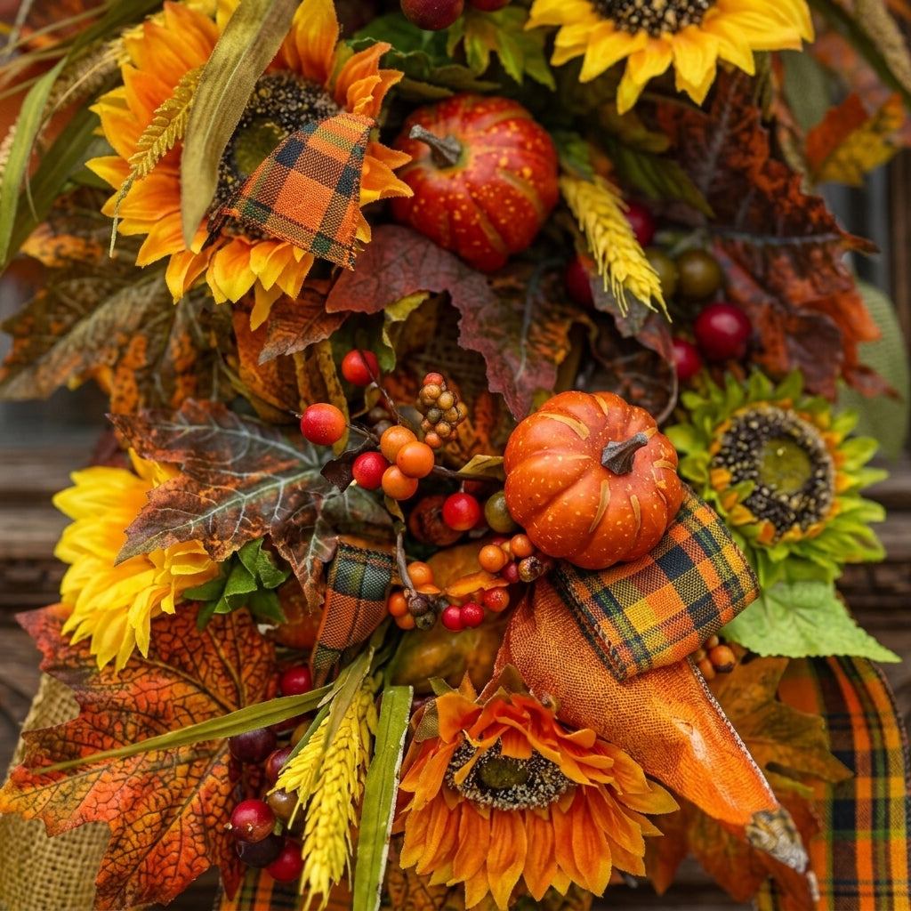 Handcrafted Autumn Harvest Sunflower Teardrop Swag Wreath