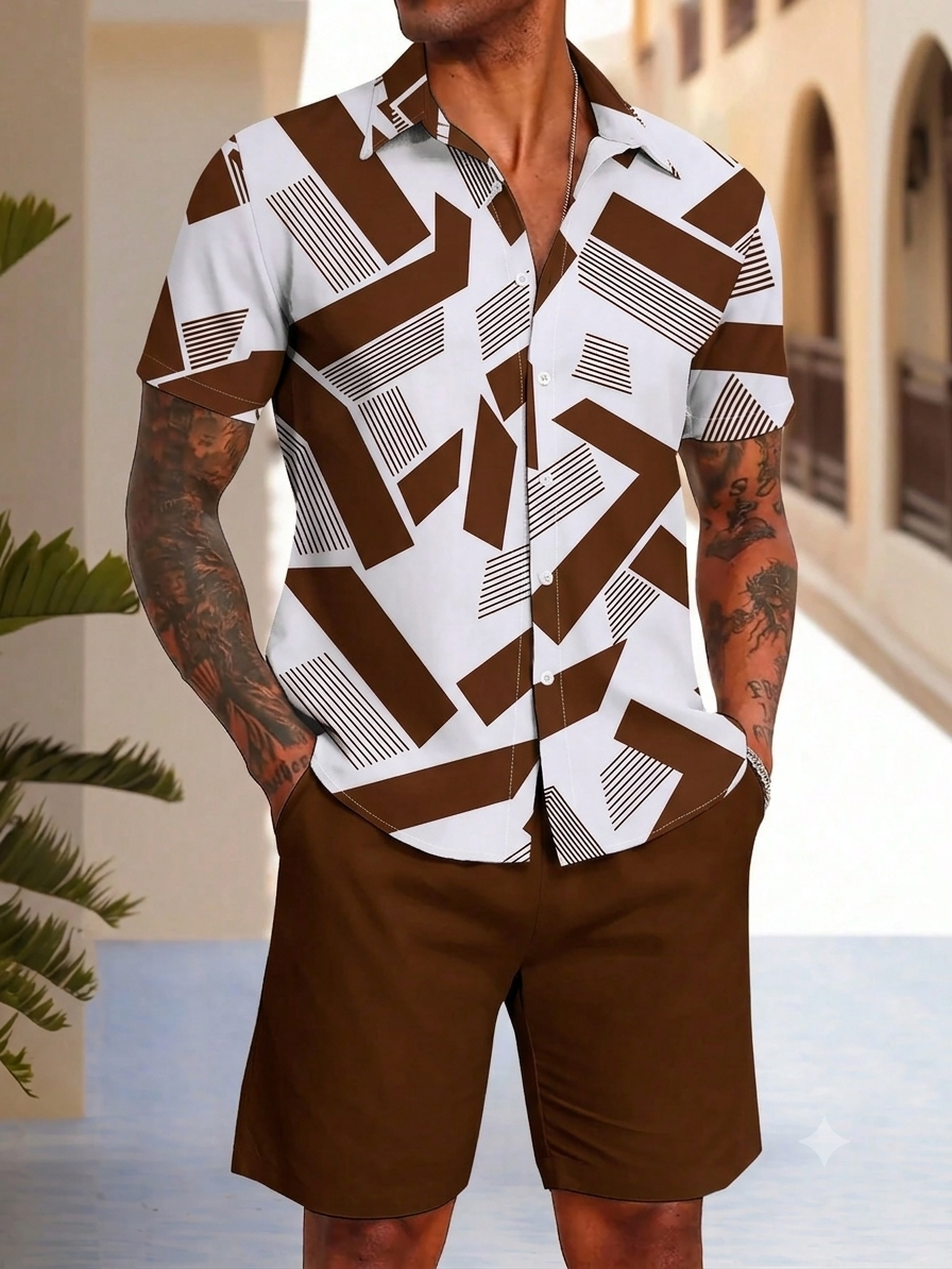 🌴 Men's Geometric Print Shirt & Shorts Set