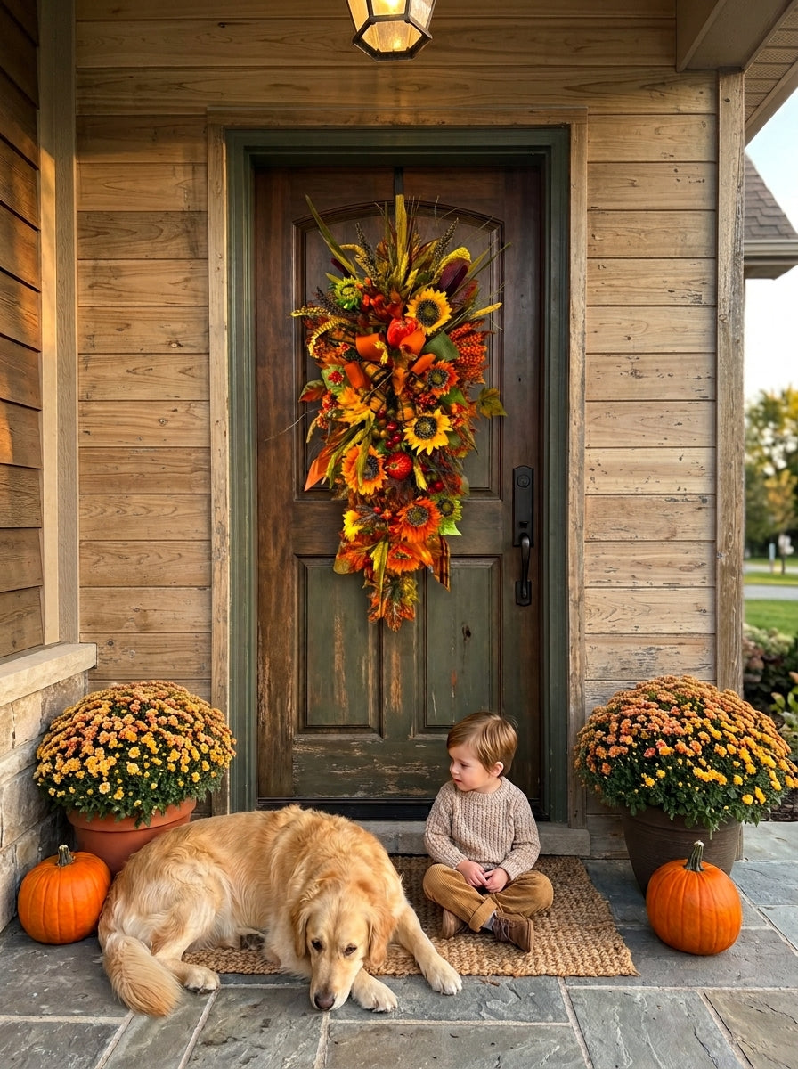 Handcrafted Autumn Harvest Sunflower Teardrop Swag Wreath