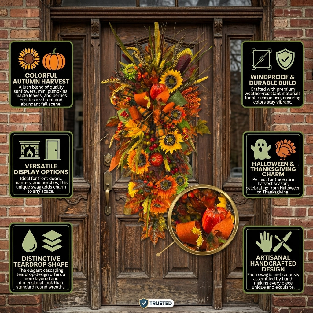Handcrafted Autumn Harvest Sunflower Teardrop Swag Wreath
