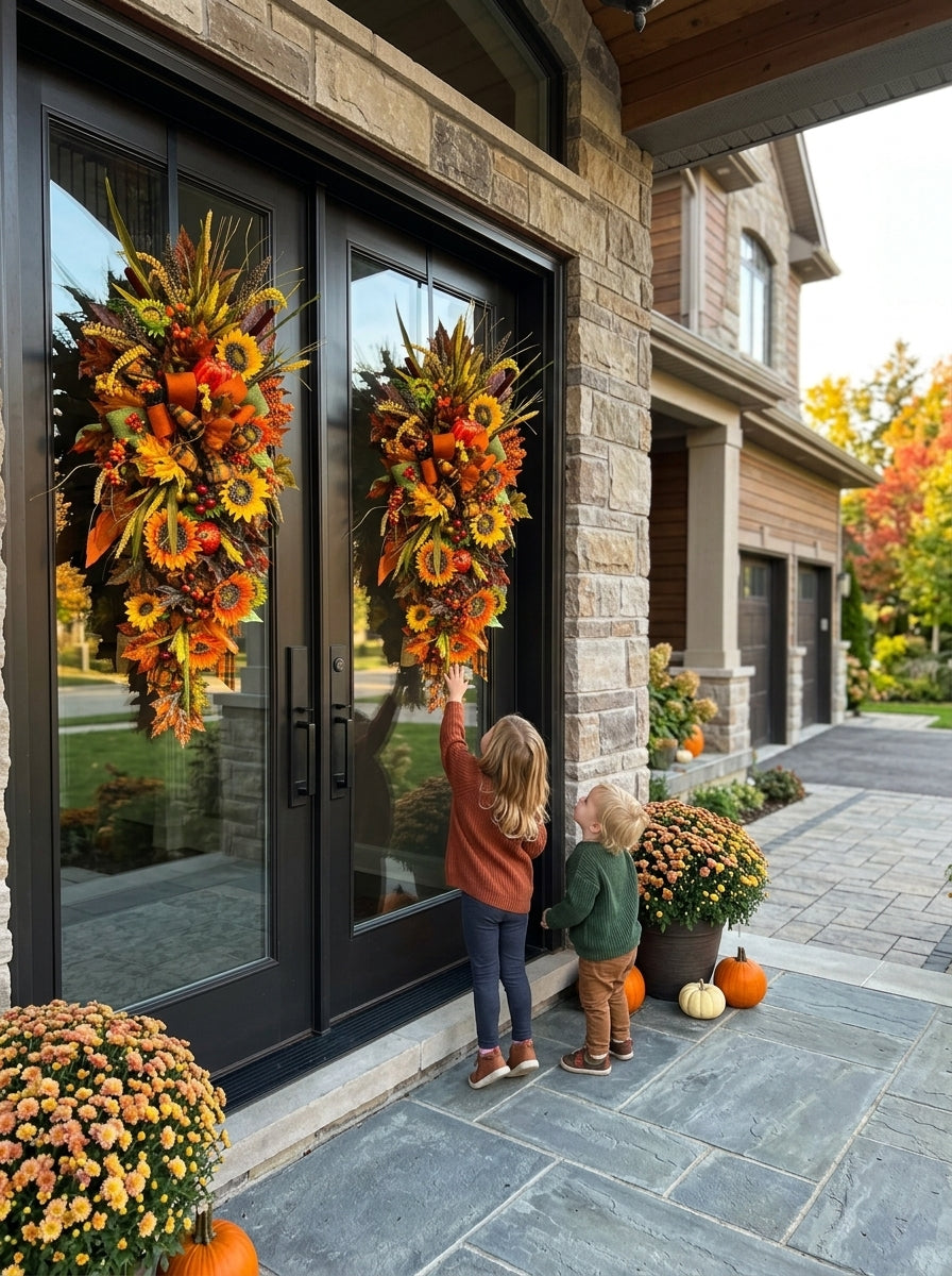 Handcrafted Autumn Harvest Sunflower Teardrop Swag Wreath
