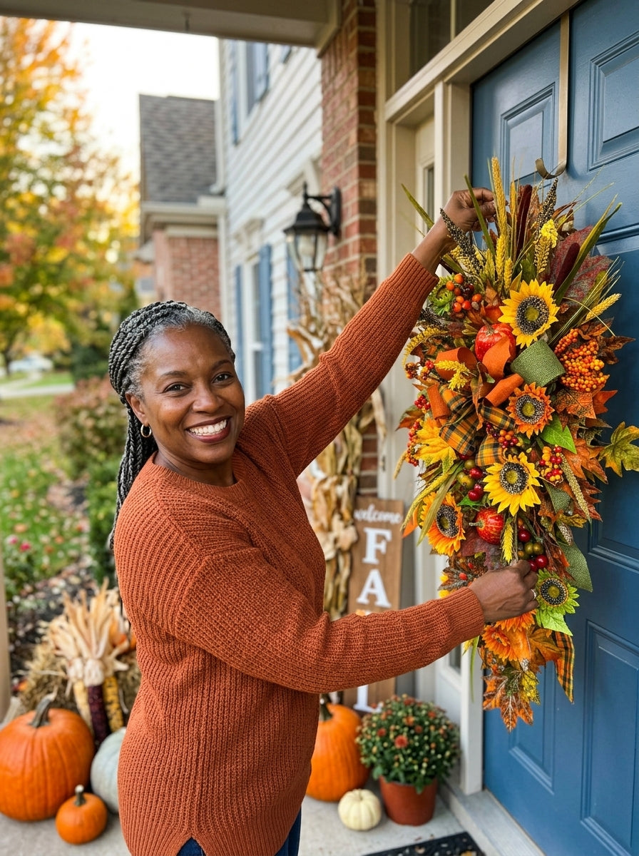Handcrafted Autumn Harvest Sunflower Teardrop Swag Wreath