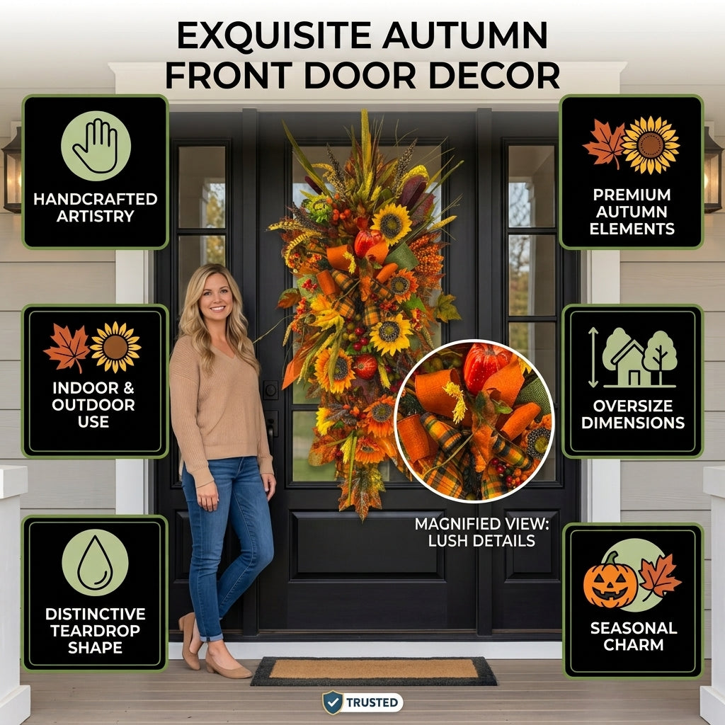 Handcrafted Autumn Harvest Sunflower Teardrop Swag Wreath