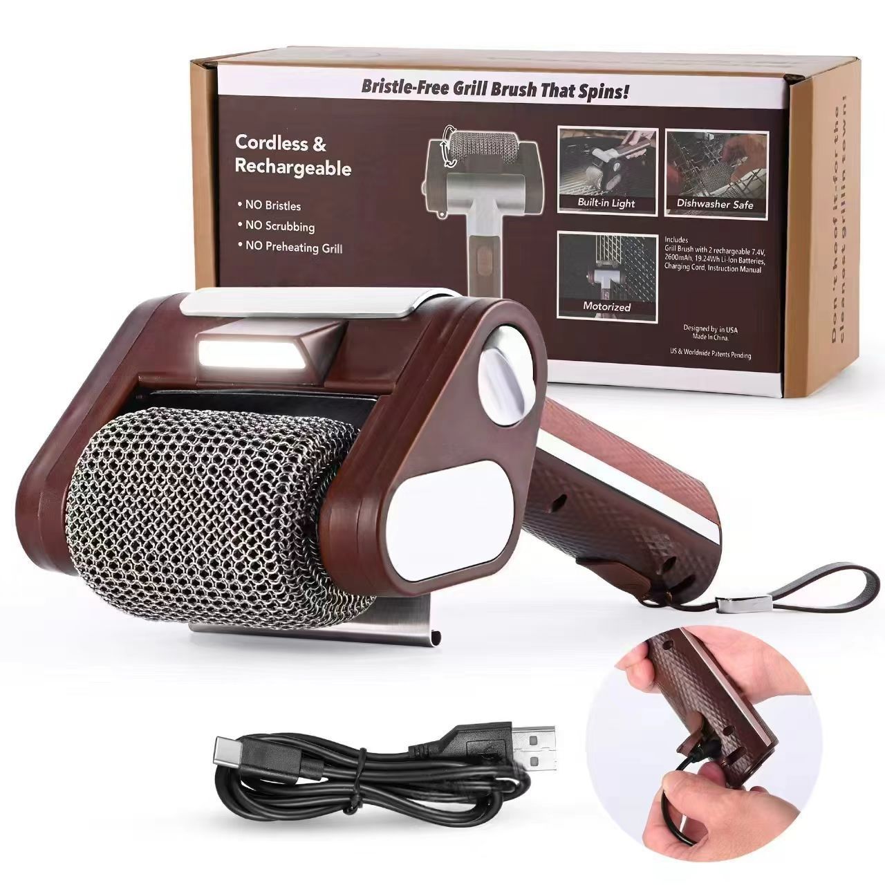 【Father's Day Gift】Electric Grill Brush with LED Light – Bristle-Free BBQ Cleaner with 304 Stainless Steel Power Roller