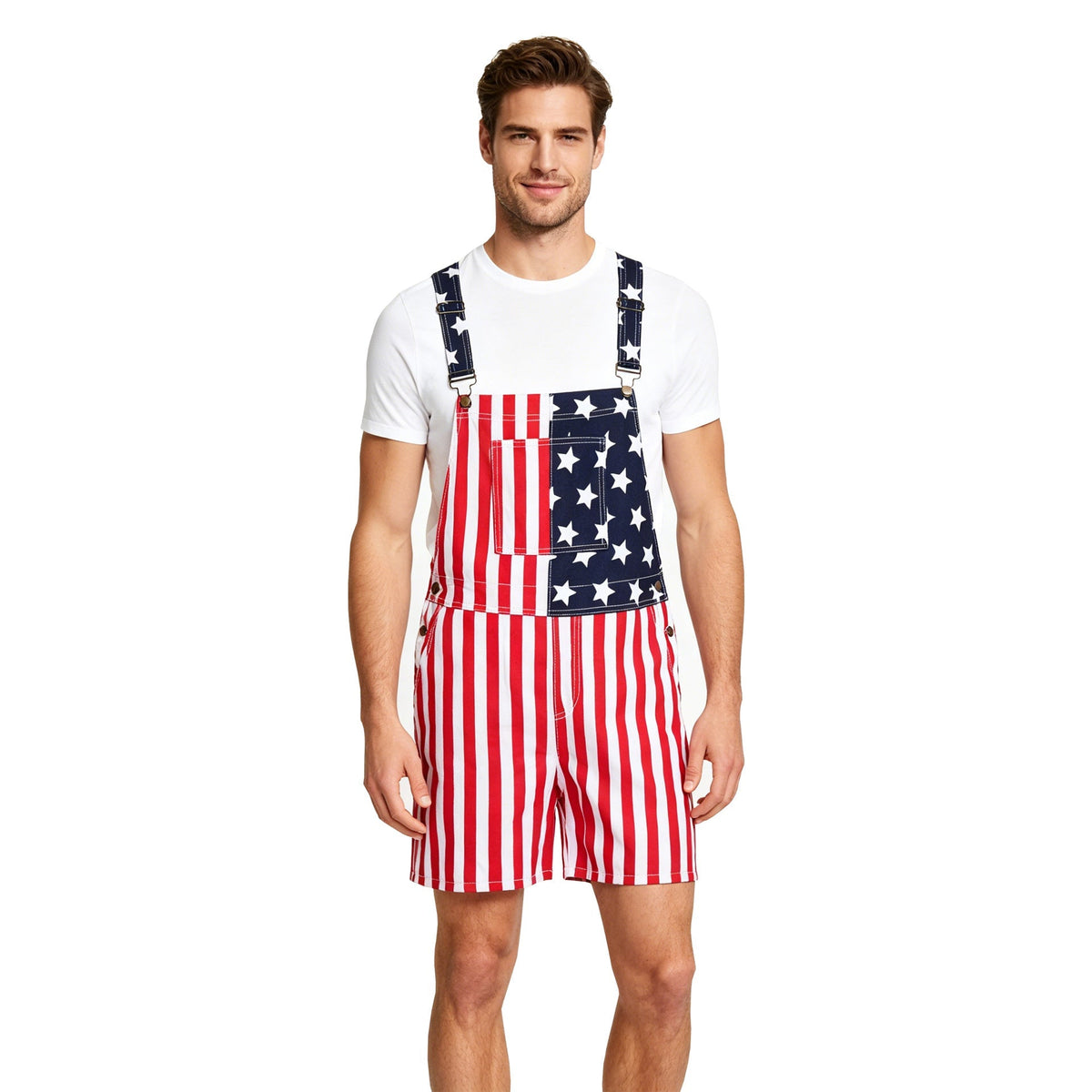 4th of July American Flag Overalls – Patriotic Stretch Denim Romper for Men & Women