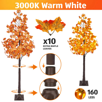 6FT LED Artificial Maple Tree, 160 Warm White Lights Fall Decor Tree with Orange Leaves, Knock-Down Lighted Maple Tree for Thanksgiving Halloween Indoor Outdoor Autumn Home Decor