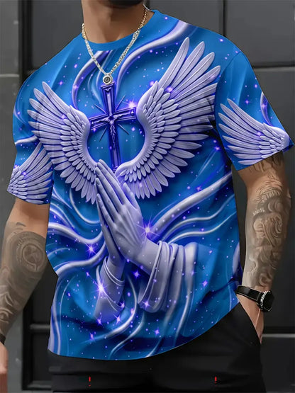 ⛪ Men's Angel Wings & Cross Print T-Shirt