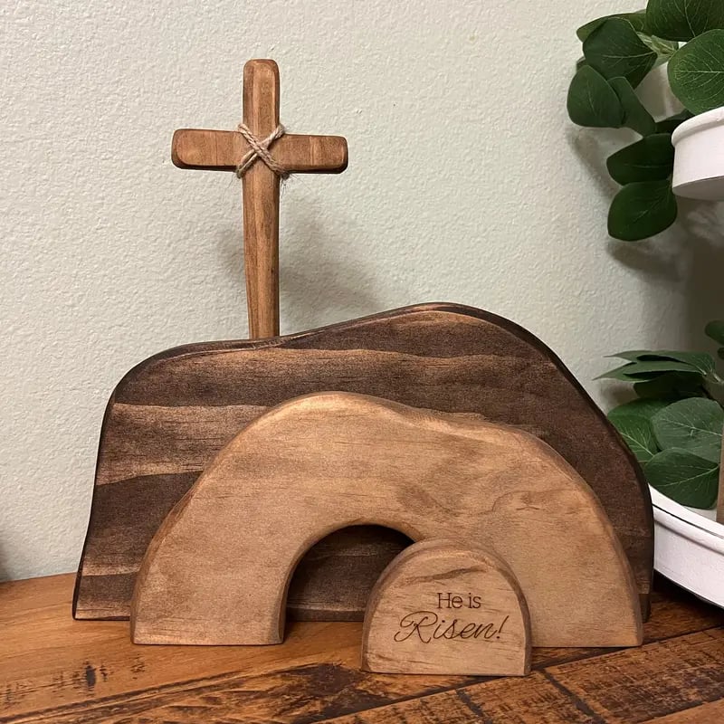 ✝️ Easter Tomb Decoration - Wooden Cross Jesus Resurrection Ornament