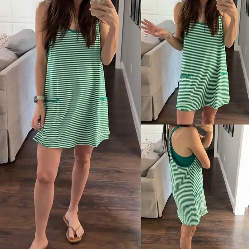👗 Tanming Women's Summer Athletic Mini Dress – Sleeveless V-Neck Striped Tennis Dress with Built-In Shorts ☀️🎾