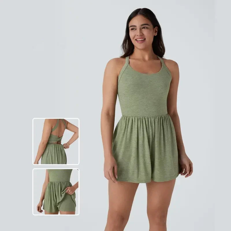 Women's Backless 2-in-1 Pocket Romper with Built-In Shorts