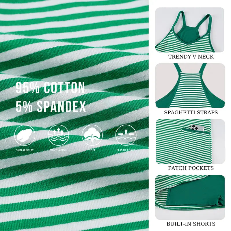 👗 Tanming Women's Summer Athletic Mini Dress – Sleeveless V-Neck Striped Tennis Dress with Built-In Shorts ☀️🎾