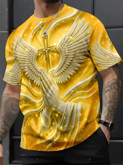 ⛪ Men's Angel Wings & Cross Print T-Shirt