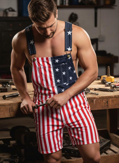 4th of July American Flag Overalls – Patriotic Stretch Denim Romper for Men & Women