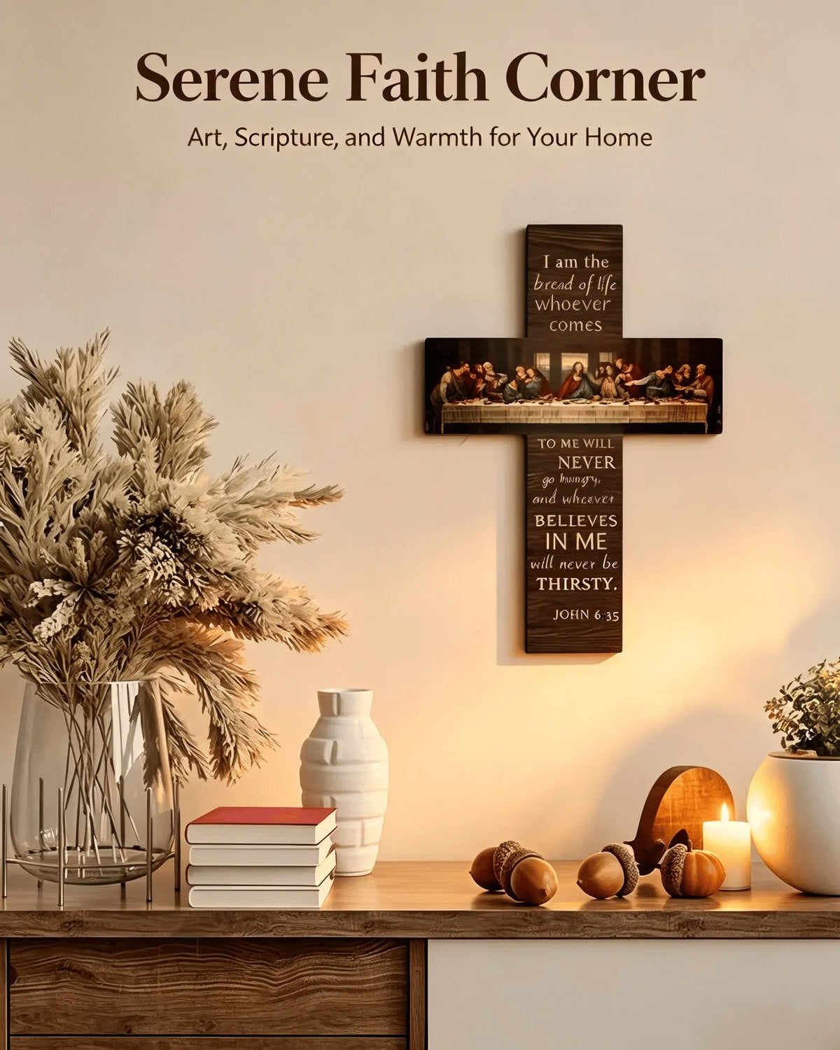 ✝️ The Last Supper Vintage Wooden Cross | John 6:35 Scripture Wall Décor 🪵
