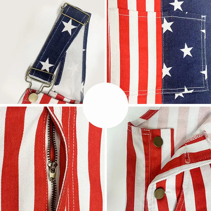 4th of July American Flag Overalls – Patriotic Stretch Denim Romper for Men & Women
