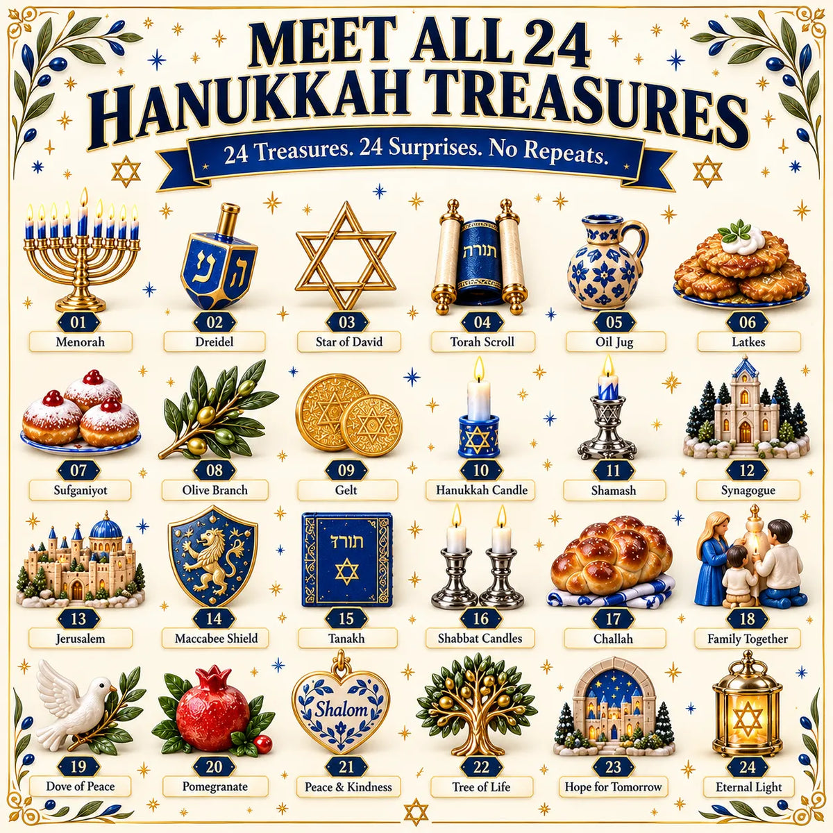🕎 24 Treasures of Hanukkah | 24 Unique Symbols, Keepsakes & Daily Surprises Inspired by Light, Faith & Tradition ✨