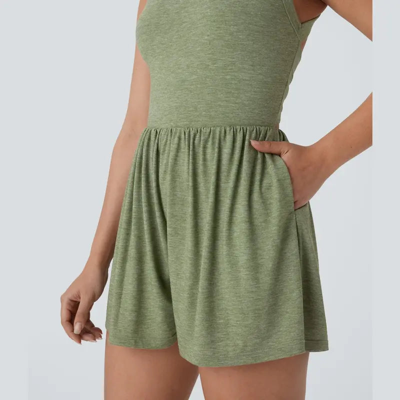 Women's Backless 2-in-1 Pocket Romper with Built-In Shorts