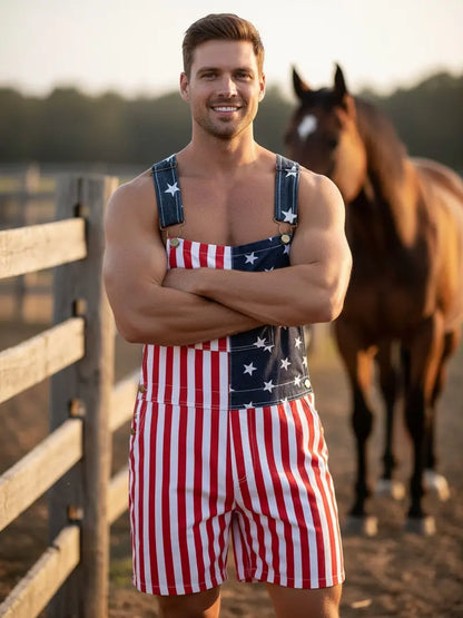 4th of July American Flag Overalls – Patriotic Stretch Denim Romper for Men & Women