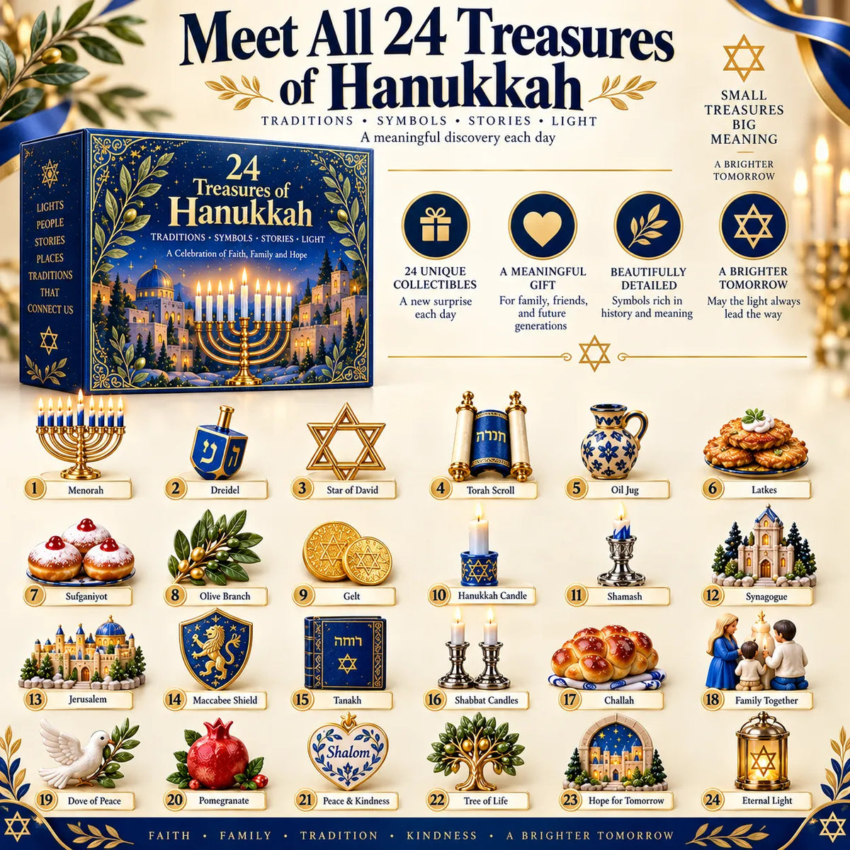 🕎 24 Treasures of Hanukkah | 24 Unique Symbols, Keepsakes & Daily Surprises Inspired by Light, Faith & Tradition ✨