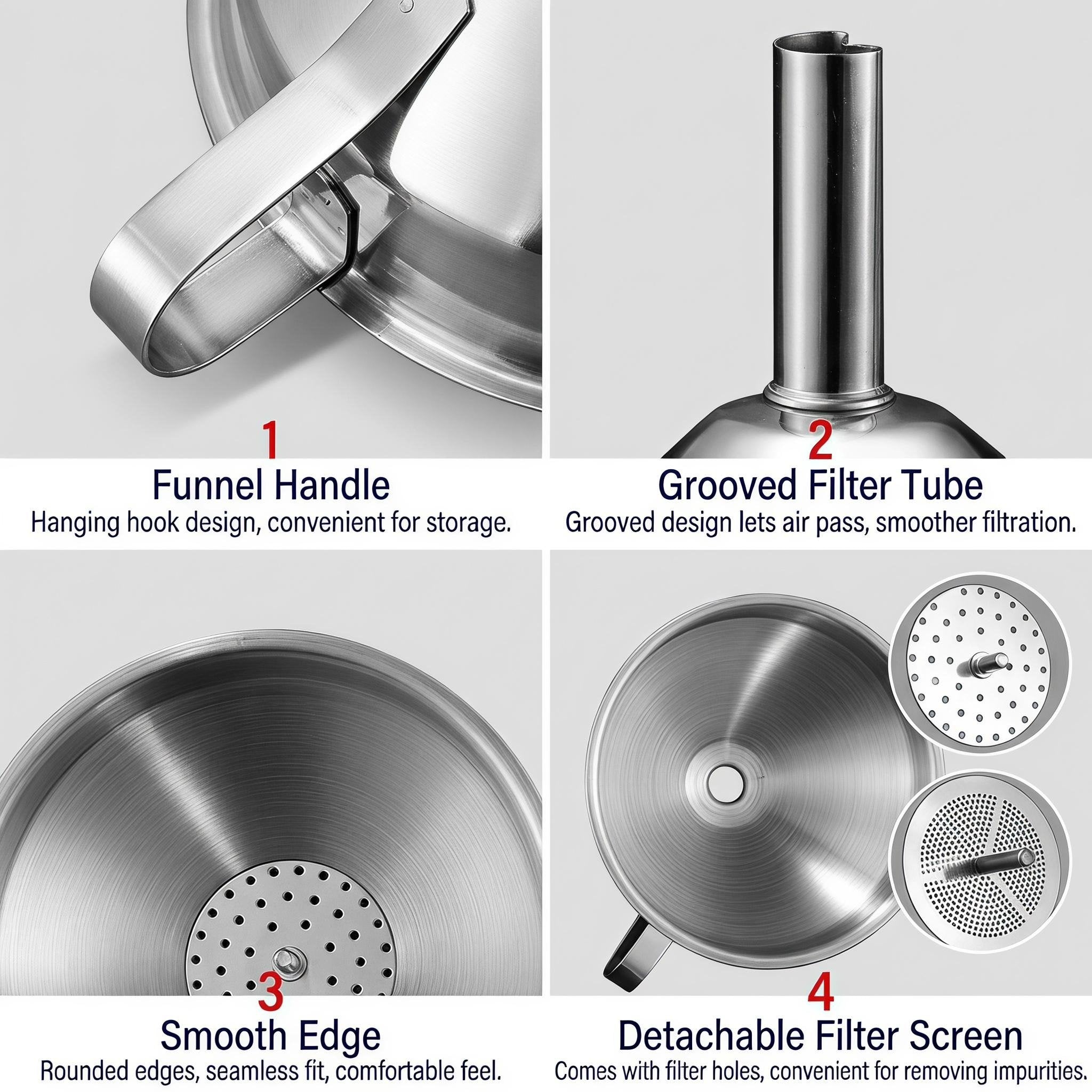 ✨Hot Sale 304 Stainless Steel Funnel with Filter Mesh – Kitchen Food Grade Metal Funnel for Oil, Alcohol, Jam & Spice Filling 🥄