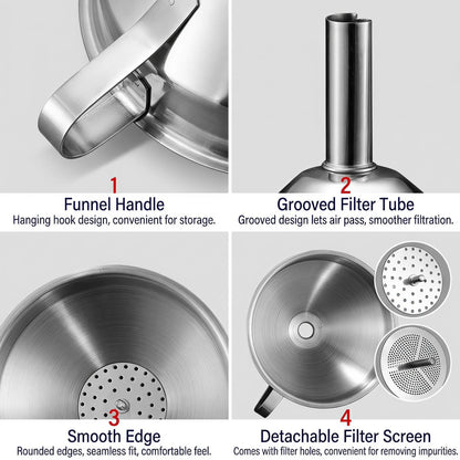 ✨Hot Sale 304 Stainless Steel Funnel with Filter Mesh – Kitchen Food Grade Metal Funnel for Oil, Alcohol, Jam & Spice Filling 🥄