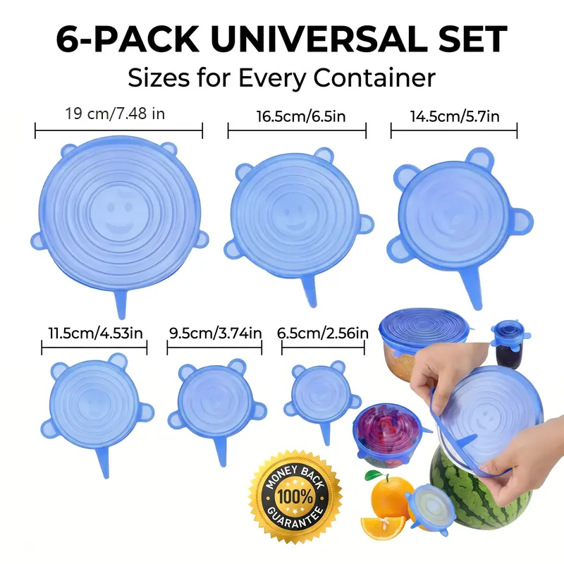 Universal Reusable Silicone Stretch Lids, 6-Pack Airtight Food Covers for Bowls, Cups, Jars & Containers