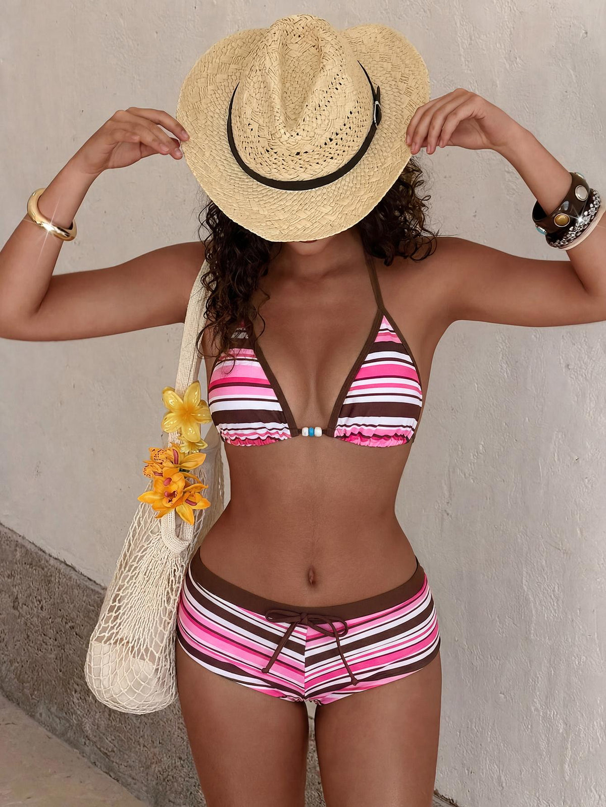 PEPPERMOLLY Women's 2-Piece Retro Yellow Polka Dot Bikini Set – Y2K Color Block Beachwear & Vacation Outfit
