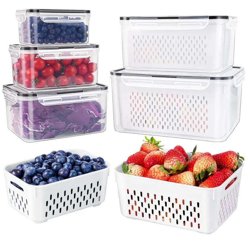 🥗 3PCS Stackable Fridge Produce Saver Containers with Removable Colander – Airtight Food Storage Boxes for Fruits, Vegetables & Meal Prep