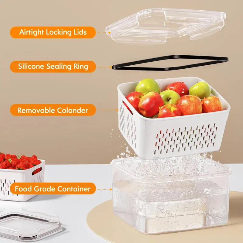 🥗 3PCS Stackable Fridge Produce Saver Containers with Removable Colander – Airtight Food Storage Boxes for Fruits, Vegetables & Meal Prep