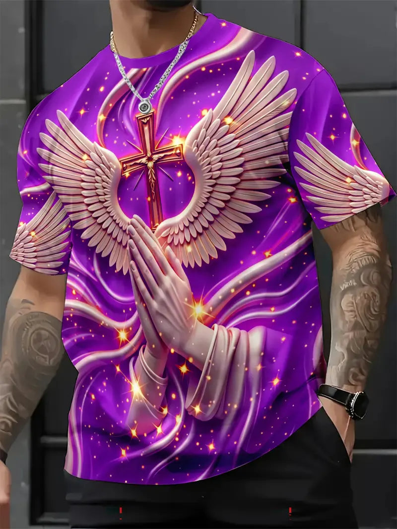 ⛪ Men's Angel Wings & Cross Print T-Shirt