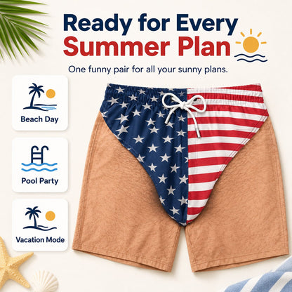 🏖️🇺🇸 Funny Patriotic Men's Swim Trunks – Freedom & Chill Summer Beach Shorts