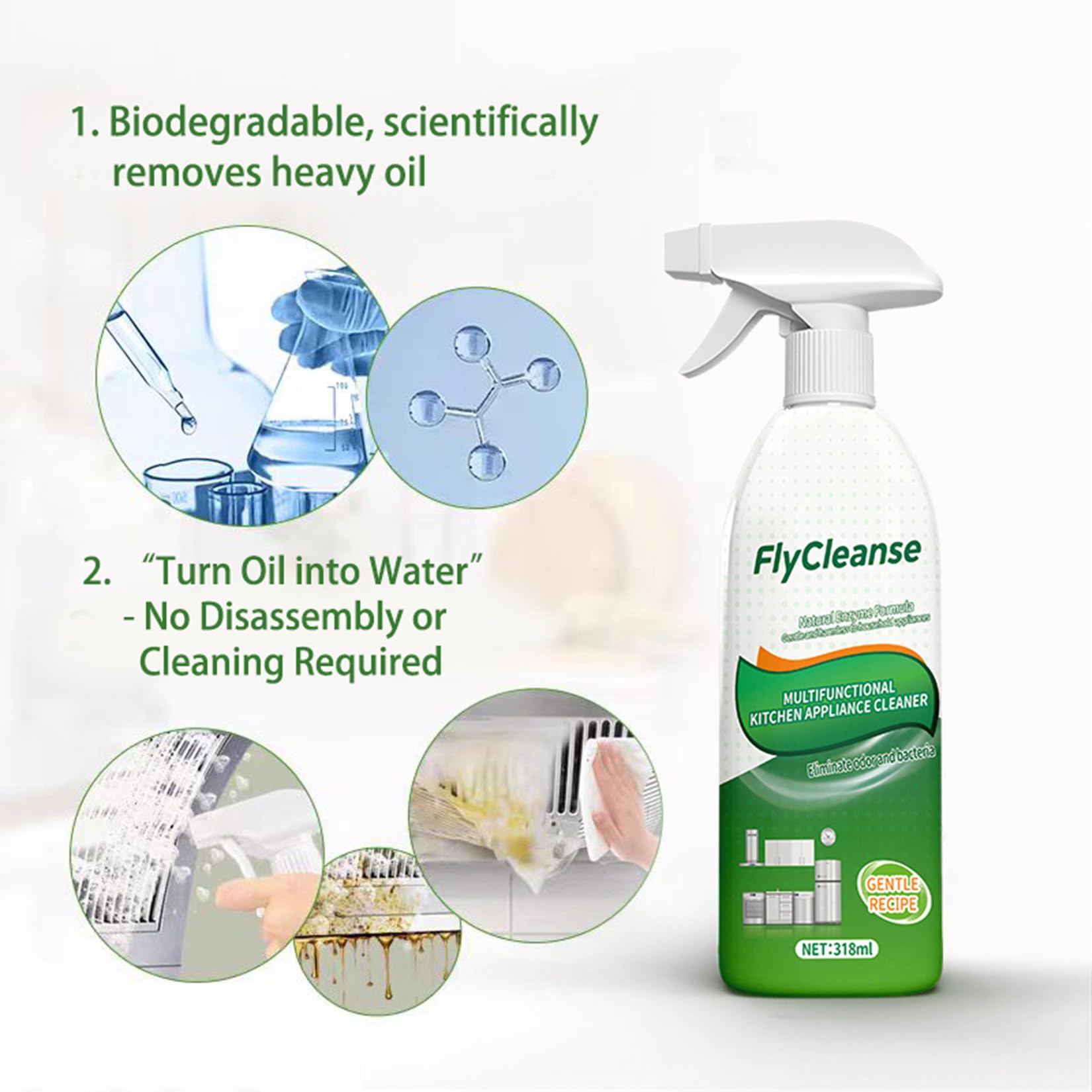 ✨FlyCleanse Natural Enzyme Kitchen Degreaser Spray, Multi‑Purpose Stain & Odor Remover
