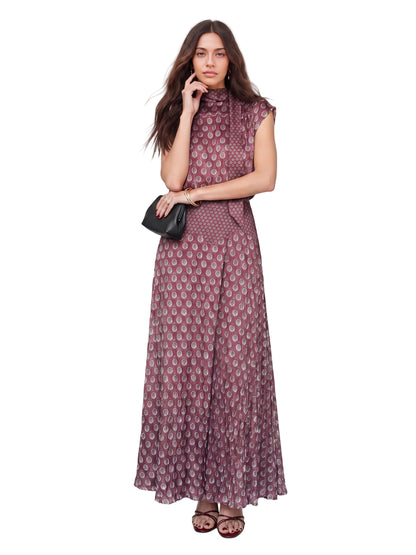 Elegant Retro Print Satin Two-Piece Set – Sleeveless Scarf Neck Halter Top & Flowing Maxi Skirt