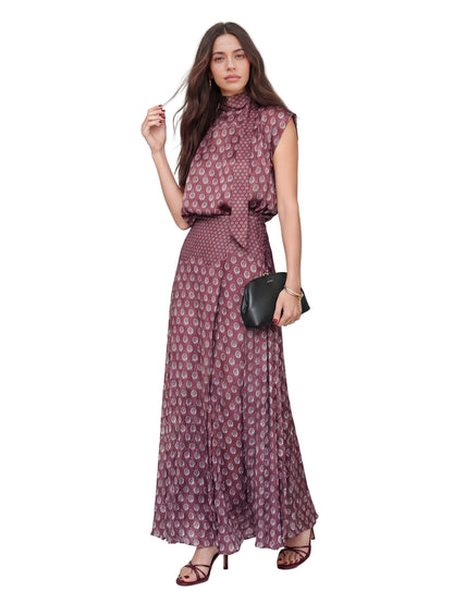 Elegant Retro Print Satin Two-Piece Set – Sleeveless Scarf Neck Halter Top & Flowing Maxi Skirt