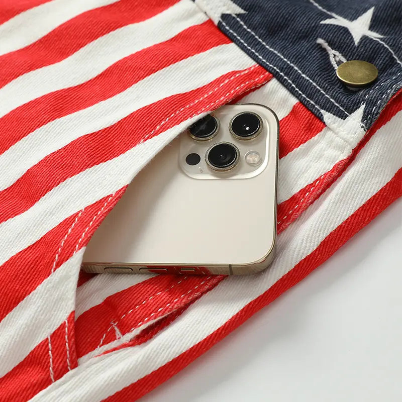 4th of July American Flag Overalls – Patriotic Stretch Denim Romper for Men & Women