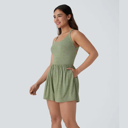 Women's Backless 2-in-1 Pocket Romper with Built-In Shorts