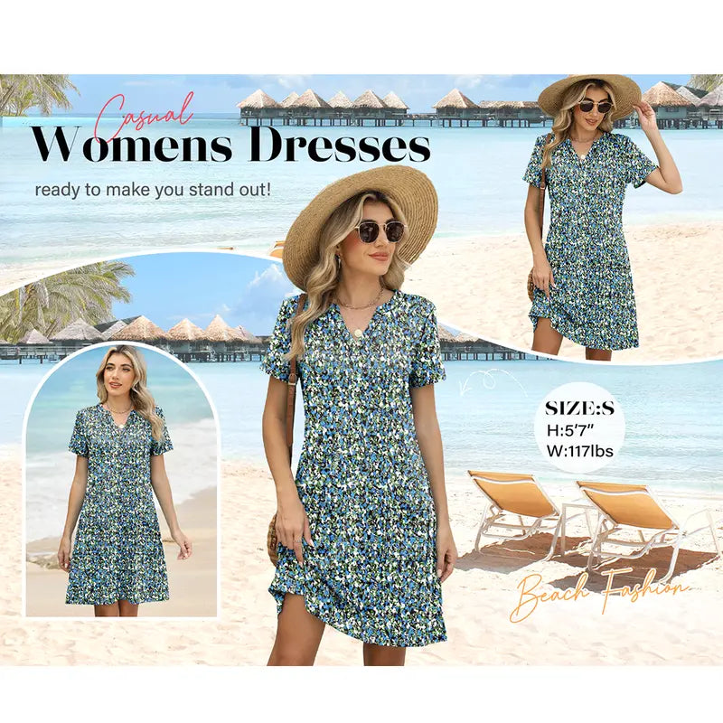 2026 Fashion Edition OFEEFAN Summer Dress – Women's Casual V-Neck Short Sleeve Beach & Vacation Dress