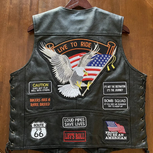 🦅 Genuine Leather Biker Vest – Eagle & American Patches