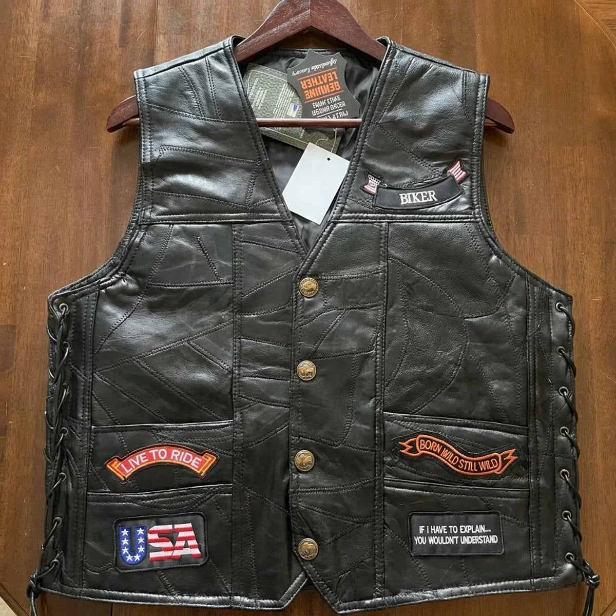🦅 Genuine Leather Biker Vest – Eagle & American Patches