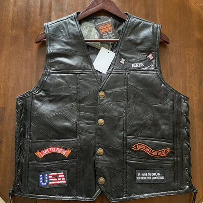 🦅 Genuine Leather Biker Vest – Eagle & American Patches