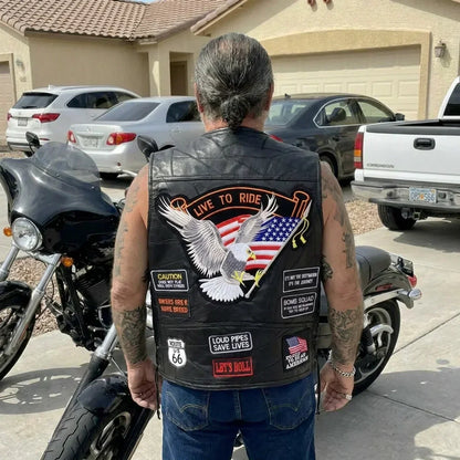 🦅 Genuine Leather Biker Vest – Eagle & American Patches
