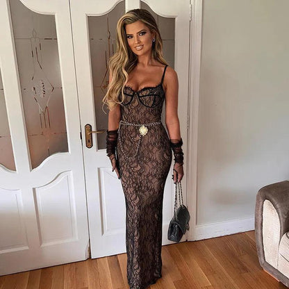 Lovely Lace Backless Black Maxi Dress