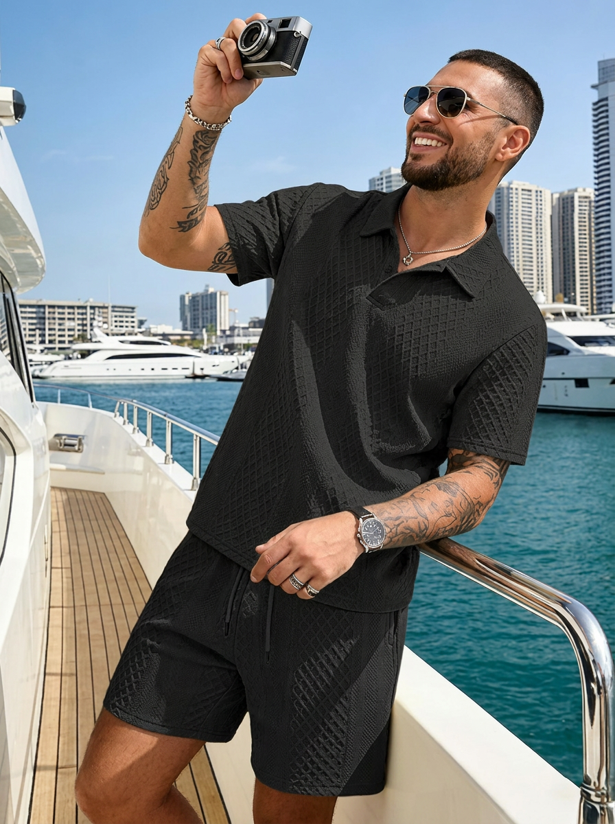 Men's 2 Pieces Outfits Casual Polo Shirt and Shorts Set