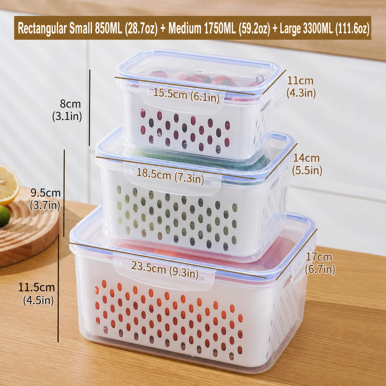 🥗 3PCS Stackable Fridge Produce Saver Containers with Removable Colander – Airtight Food Storage Boxes for Fruits, Vegetables & Meal Prep